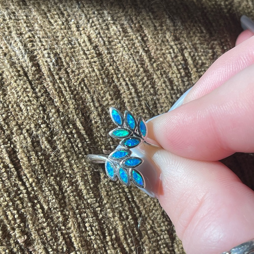 Sterling Silver Created Opal Leaf Ring - image 2
